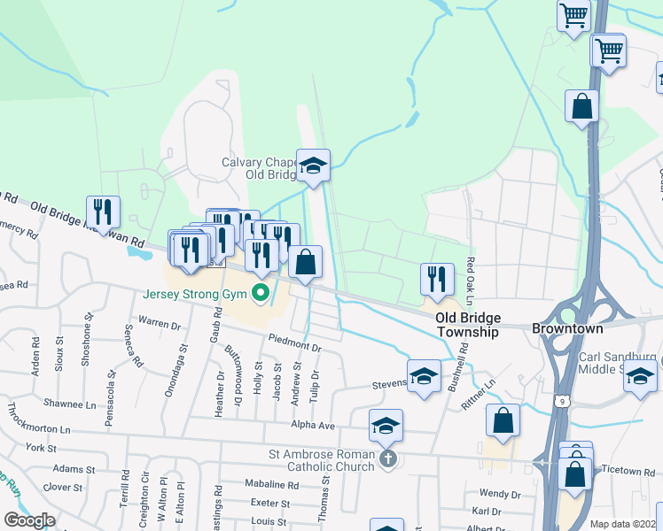 map of restaurants, bars, coffee shops, grocery stores, and more near 105 White Oak Lane in Old Bridge