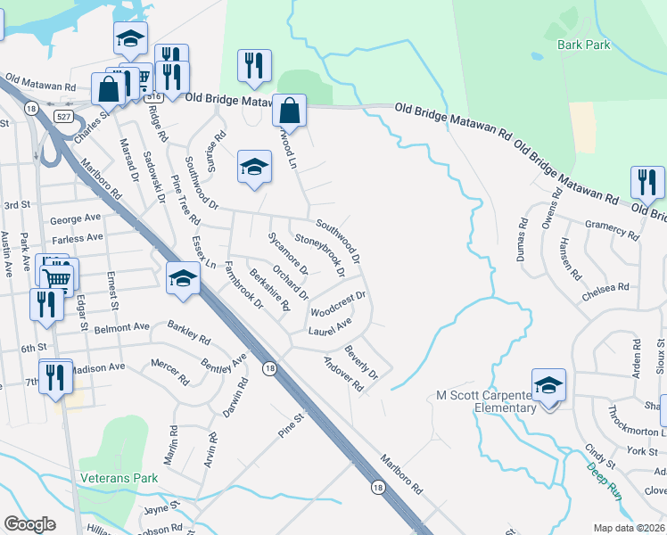 map of restaurants, bars, coffee shops, grocery stores, and more near 8 Dogwood Lane in Old Bridge