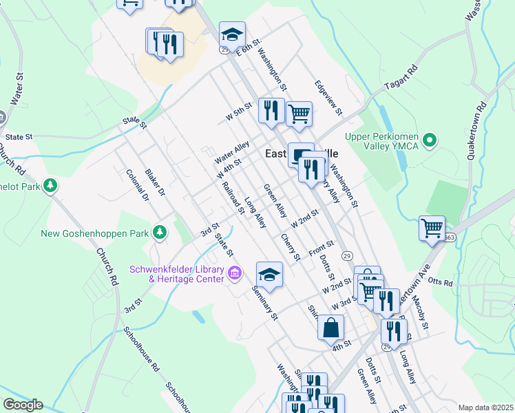 map of restaurants, bars, coffee shops, grocery stores, and more near 233 Cherry Street in East Greenville