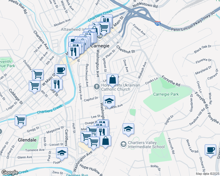 map of restaurants, bars, coffee shops, grocery stores, and more near 325 Rowland Avenue in Carnegie
