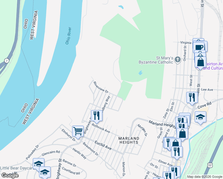 map of restaurants, bars, coffee shops, grocery stores, and more near in Weirton