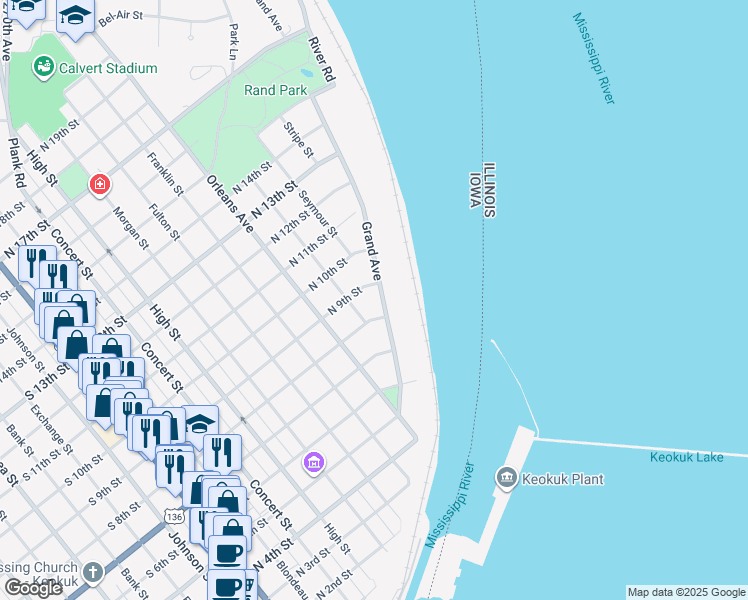 map of restaurants, bars, coffee shops, grocery stores, and more near 816 Grand Avenue in Keokuk