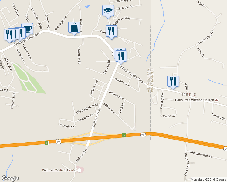 map of restaurants, bars, coffee shops, grocery stores, and more near 205 Ritchie Ave in Weirton