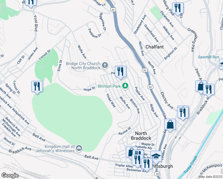 map of restaurants, bars, coffee shops, grocery stores, and more near 1413 Grant St in Braddock