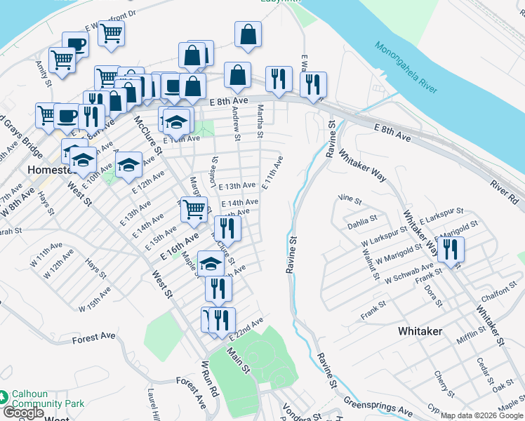 map of restaurants, bars, coffee shops, grocery stores, and more near 1409 Martha Street in Munhall