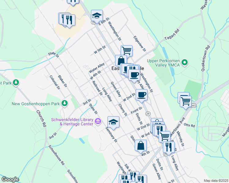 map of restaurants, bars, coffee shops, grocery stores, and more near 233 Cherry Street in East Greenville