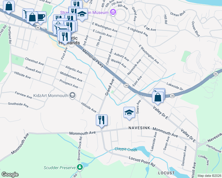 map of restaurants, bars, coffee shops, grocery stores, and more near 156 Grand Avenue in Atlantic Highlands