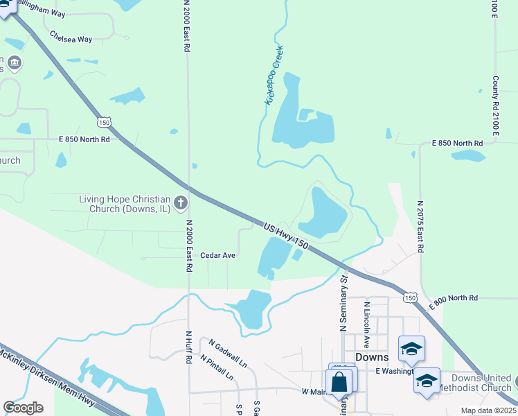 map of restaurants, bars, coffee shops, grocery stores, and more near 20232 U.S. 150 in Downs