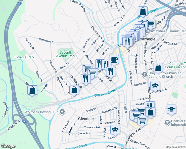 map of restaurants, bars, coffee shops, grocery stores, and more near 1 Logan Street in Carnegie