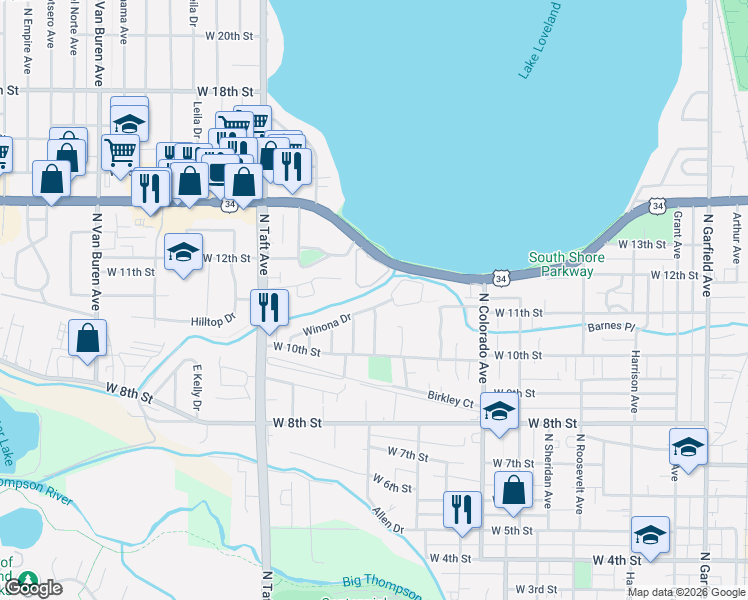 map of restaurants, bars, coffee shops, grocery stores, and more near 951 Winona Circle in Loveland