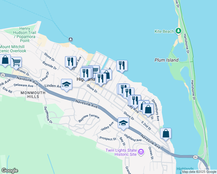 map of restaurants, bars, coffee shops, grocery stores, and more near 138 Marina Bay Court in Highlands