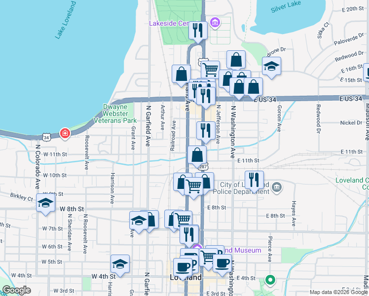 map of restaurants, bars, coffee shops, grocery stores, and more near 1117 Cleveland Avenue in Loveland