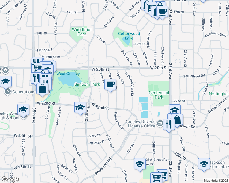 map of restaurants, bars, coffee shops, grocery stores, and more near 2113 26th Avenue Court in Greeley