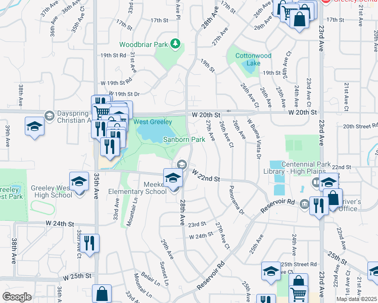 map of restaurants, bars, coffee shops, grocery stores, and more near 2133 28th Avenue Court in Greeley