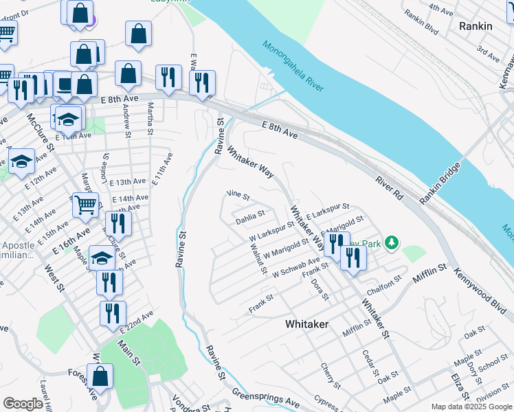 map of restaurants, bars, coffee shops, grocery stores, and more near 122 Phlox Way in Munhall