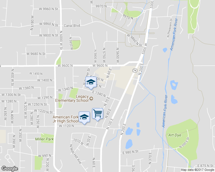 map of restaurants, bars, coffee shops, grocery stores, and more near 1386 North 60 East in American Fork