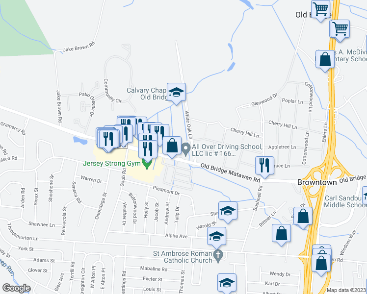 map of restaurants, bars, coffee shops, grocery stores, and more near 105 White Oak Lane in Old Bridge