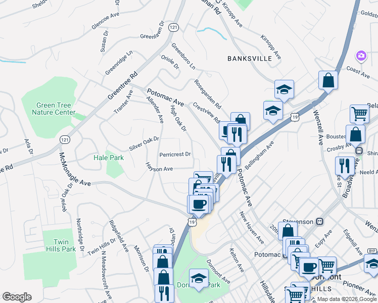 map of restaurants, bars, coffee shops, grocery stores, and more near 2304 Perricrest Drive in Pittsburgh