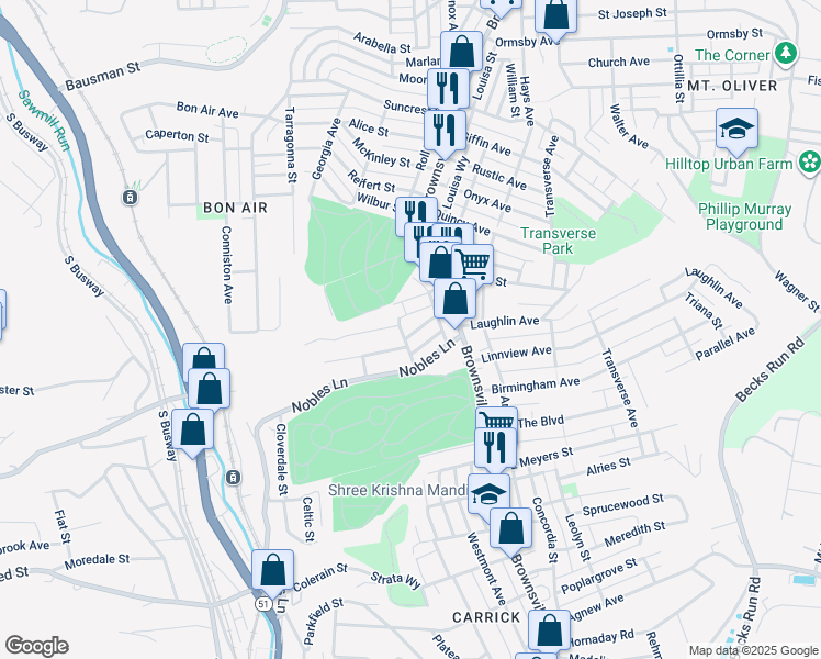 map of restaurants, bars, coffee shops, grocery stores, and more near 38 Minooka Street in Pittsburgh