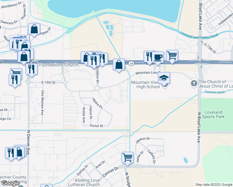 map of restaurants, bars, coffee shops, grocery stores, and more near 2930 Mountain Lion Drive in Loveland