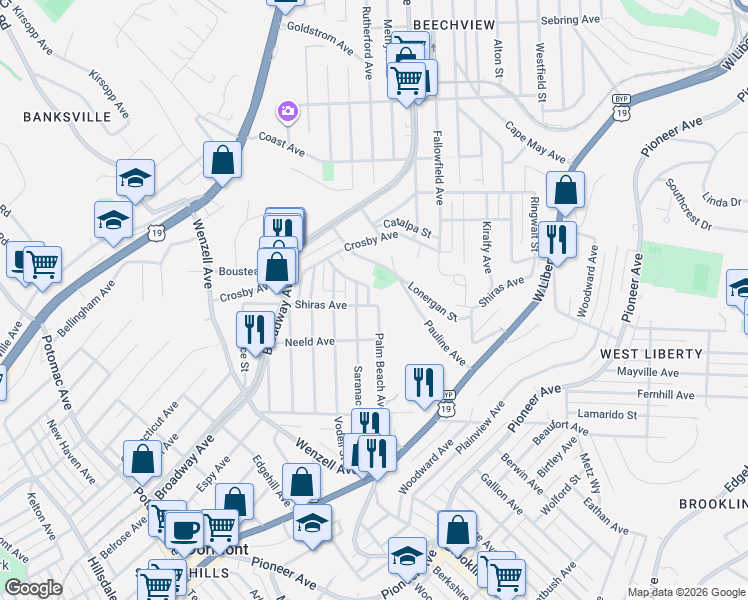 map of restaurants, bars, coffee shops, grocery stores, and more near 2502 Shiras Avenue in Pittsburgh
