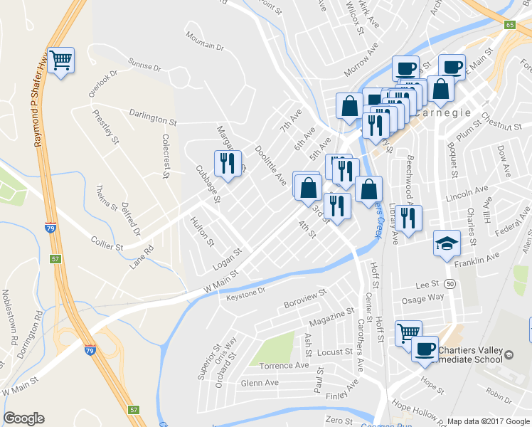 map of restaurants, bars, coffee shops, grocery stores, and more near 503 5th Ave in Carnegie