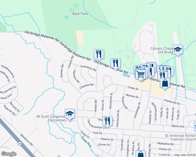 map of restaurants, bars, coffee shops, grocery stores, and more near 45 Gramercy Road in Old Bridge