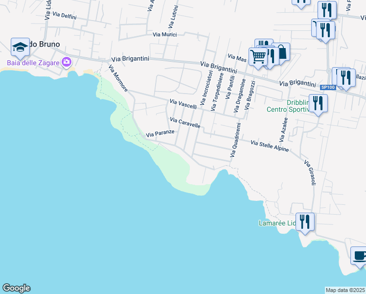 map of restaurants, bars, coffee shops, grocery stores, and more near 21 Via Motovedette in Taranto