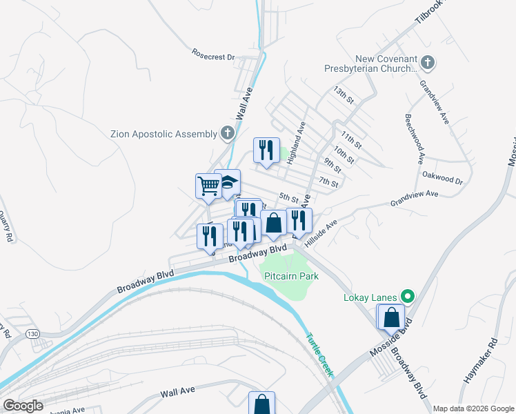 map of restaurants, bars, coffee shops, grocery stores, and more near 543 4th Street in Pitcairn