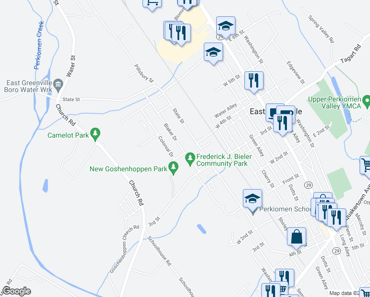 map of restaurants, bars, coffee shops, grocery stores, and more near 403 Blaker Drive in East Greenville