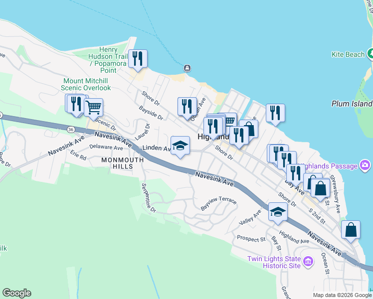 map of restaurants, bars, coffee shops, grocery stores, and more near 160 South Linden Avenue in Highlands