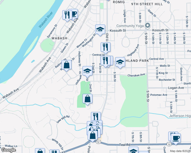 map of restaurants, bars, coffee shops, grocery stores, and more near 1305 South 2nd Street in Lafayette