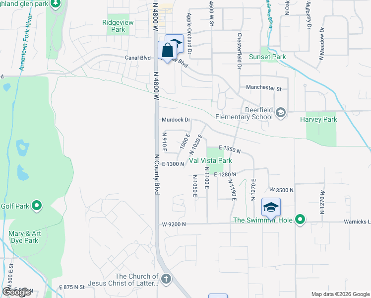 map of restaurants, bars, coffee shops, grocery stores, and more near 1362 North 1000 East in American Fork