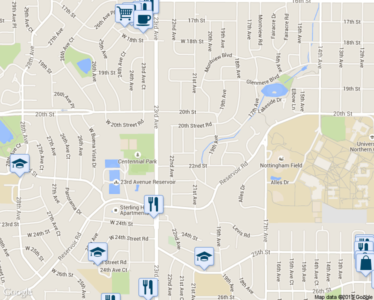 map of restaurants, bars, coffee shops, grocery stores, and more near 2124 21st Avenue Court in Greeley