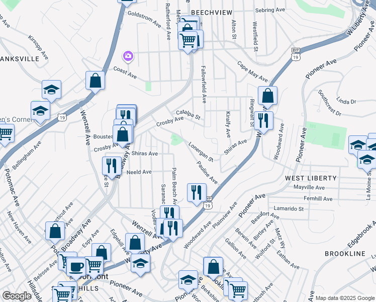 map of restaurants, bars, coffee shops, grocery stores, and more near 2192 Pauline Avenue in Pittsburgh