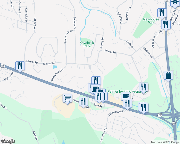 map of restaurants, bars, coffee shops, grocery stores, and more near 1008 Manor Vue Court in Delmont