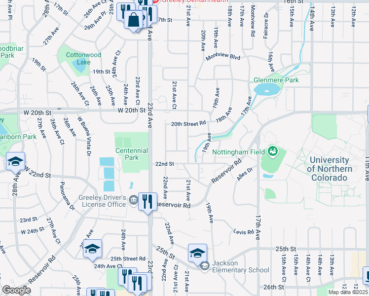 map of restaurants, bars, coffee shops, grocery stores, and more near 2124 21st Avenue Court in Greeley
