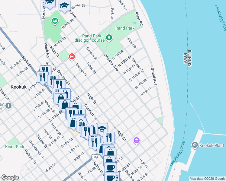 map of restaurants, bars, coffee shops, grocery stores, and more near 1109 Fulton Street in Keokuk