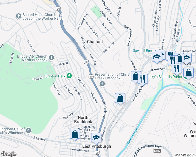 map of restaurants, bars, coffee shops, grocery stores, and more near 1536 Electric Avenue in East Pittsburgh