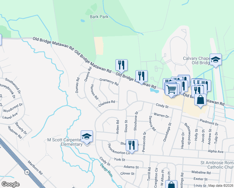 map of restaurants, bars, coffee shops, grocery stores, and more near 45 Gramercy Road in Old Bridge