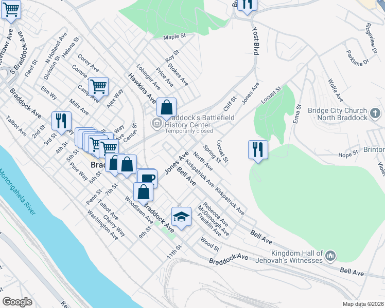 map of restaurants, bars, coffee shops, grocery stores, and more near 802 North Avenue in Braddock
