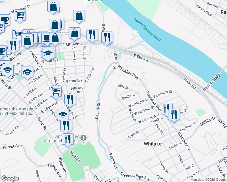 map of restaurants, bars, coffee shops, grocery stores, and more near 1025 Ravine Street in Homestead