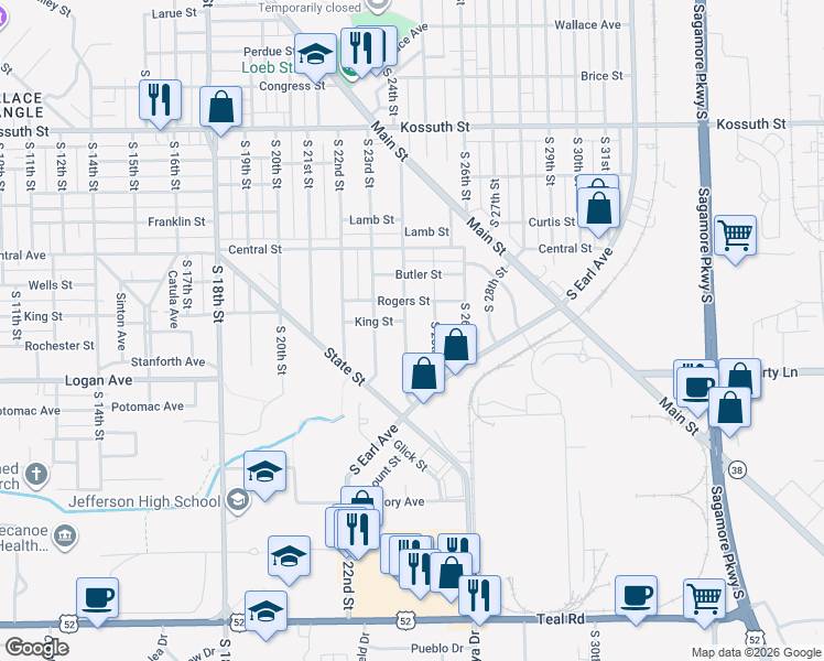 map of restaurants, bars, coffee shops, grocery stores, and more near 1324 South 24th Street in Lafayette