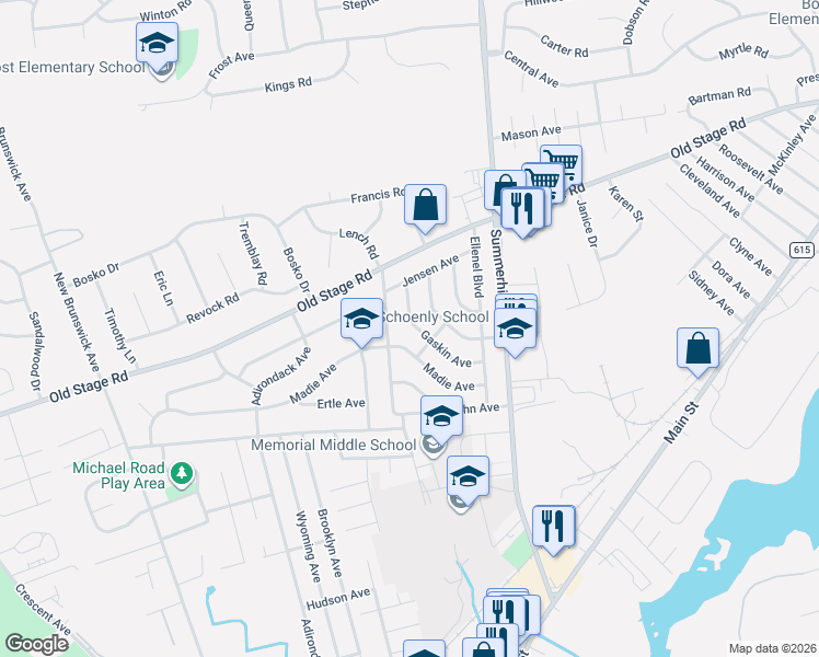 map of restaurants, bars, coffee shops, grocery stores, and more near 68 Gaskin Avenue in Spotswood