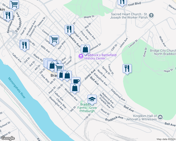map of restaurants, bars, coffee shops, grocery stores, and more near 709 Parkview in Braddock