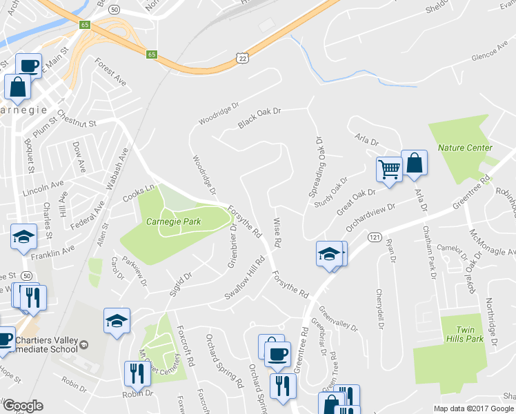 map of restaurants, bars, coffee shops, grocery stores, and more near 993 Crest Ln in Carnegie