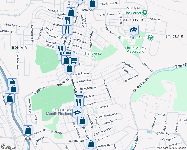 map of restaurants, bars, coffee shops, grocery stores, and more near 164 Laughlin Avenue in Pittsburgh