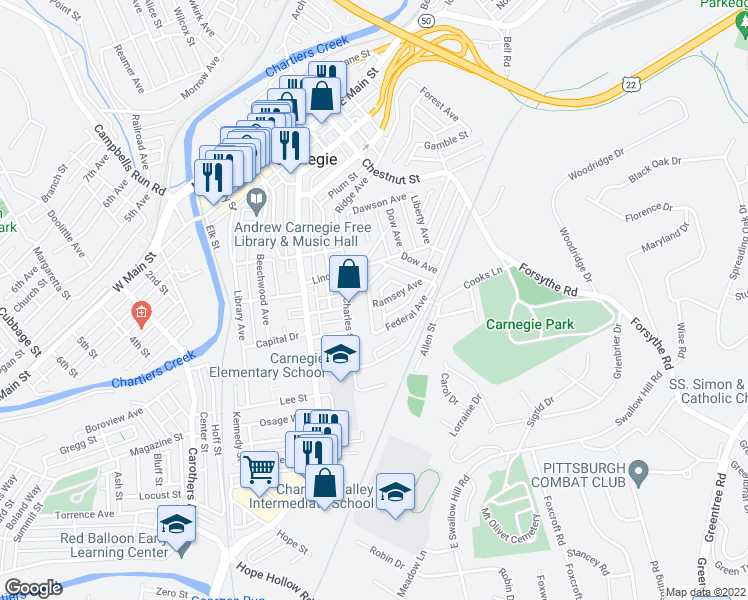 map of restaurants, bars, coffee shops, grocery stores, and more near 7 Hill Avenue in Carnegie