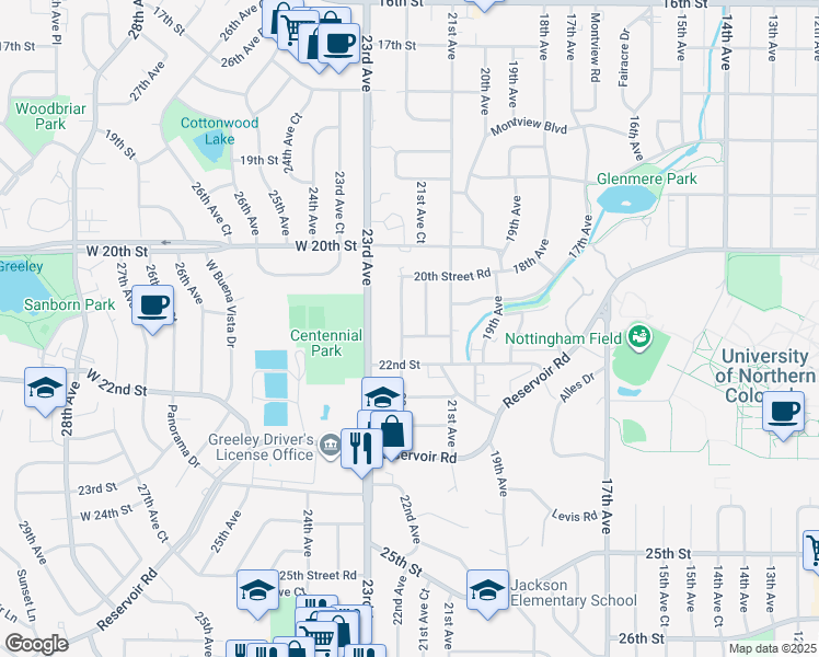 map of restaurants, bars, coffee shops, grocery stores, and more near 2122 22nd Avenue in Greeley