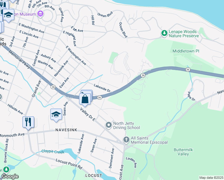 map of restaurants, bars, coffee shops, grocery stores, and more near 254 Lakeside Drive in Atlantic Highlands